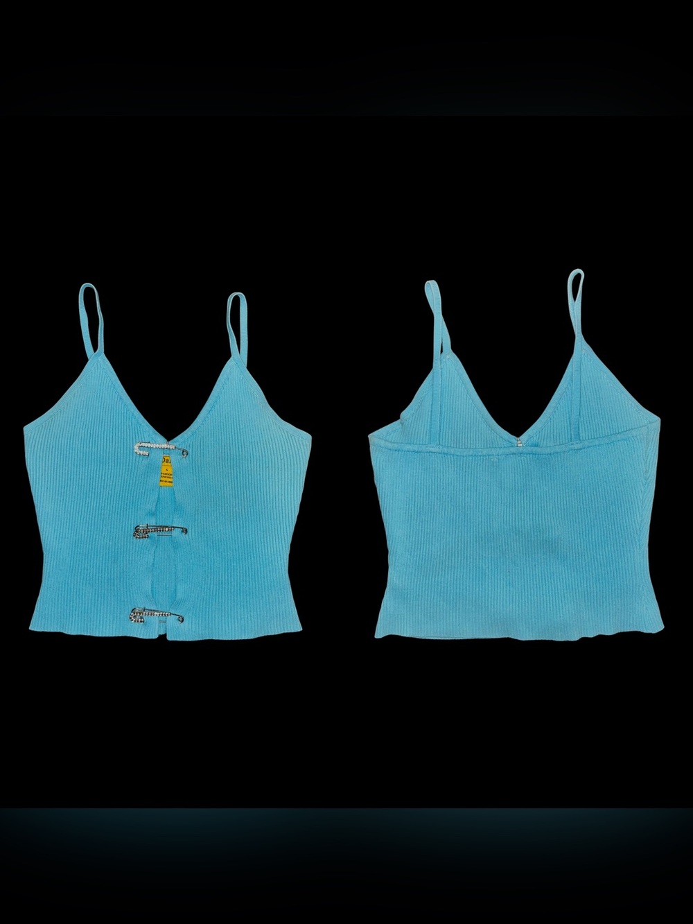 Y2K Rhinestone Safety Pin Blue Ribbed Cami